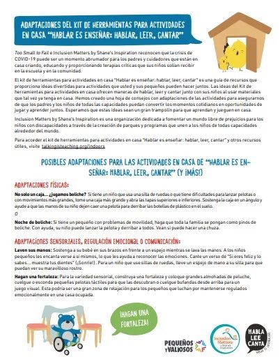 Adaptaciones inclusión del kit de herramientas para actividades en casa “Hablar es enseñar: hablar, leer, cantar”